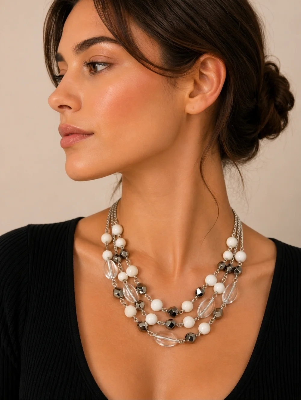3/$30 Layered White Silver Beaded Torsade Necklace